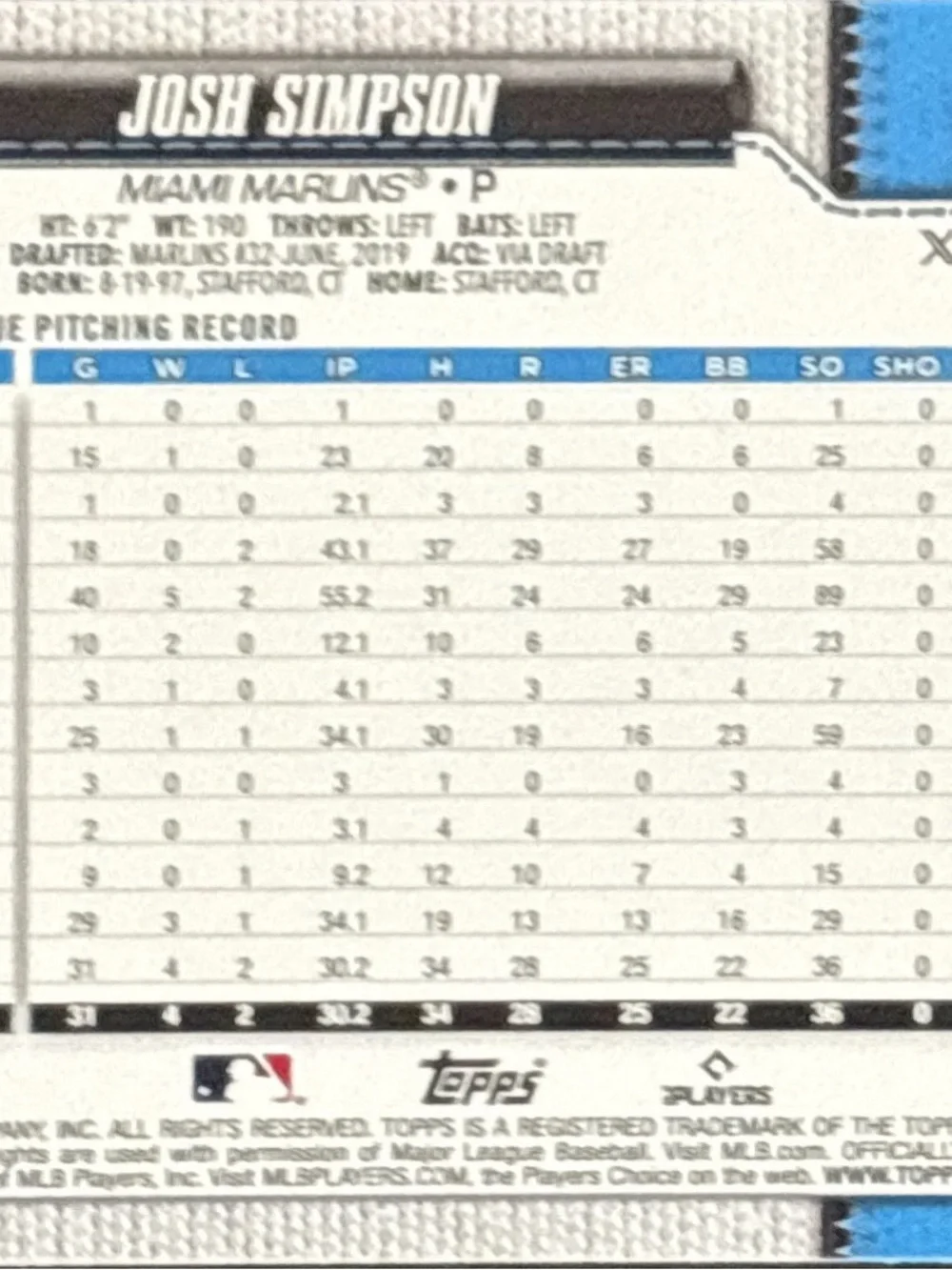 Topps Miami Josh Simpson Rookie Card